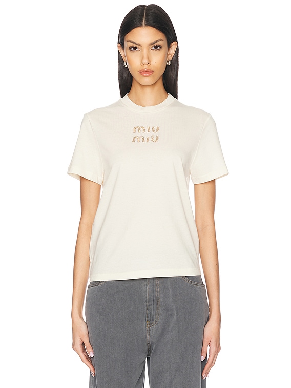 miumiu Tシャツ ロゴ エンブレム Miu Miu logo-embroidered T-shirt | Black | FARFETCH JO