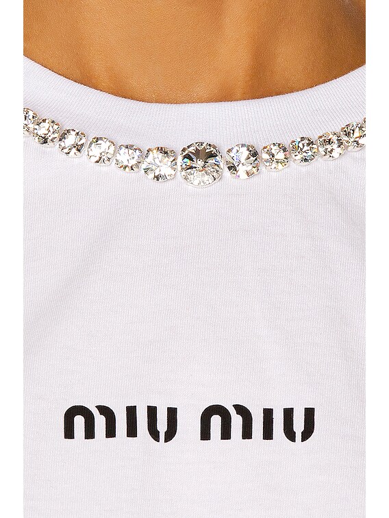 Miu Miu Embroidered Cotton Jersey T Shirt in Bianco | FWRD