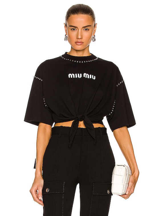 Miu Miu Logo Short Sleeve Tie T-Shirt in Nero | FWRD