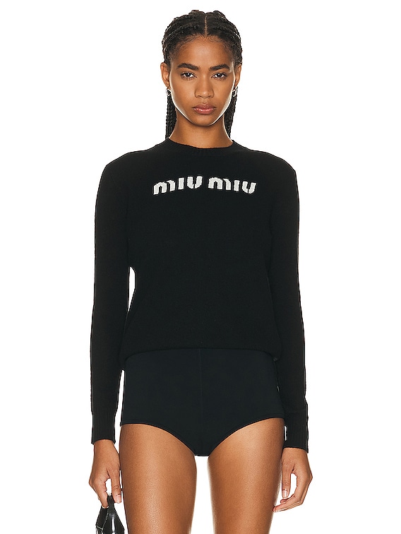 Miu Miu Cotton XL Logo Long Sleeve Sweater in Nero | FWRD