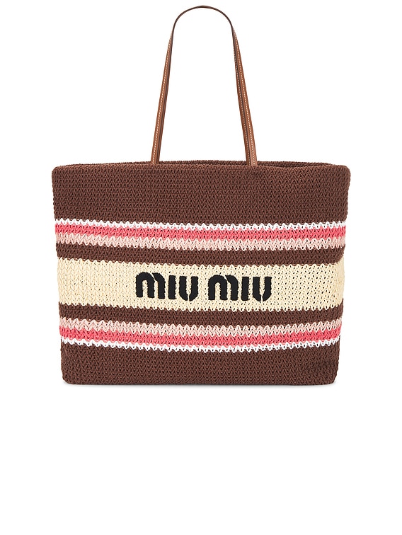 Miu Miu Tessuto Stripes Tote Bag in Tabacco, Fragola, & Naturale