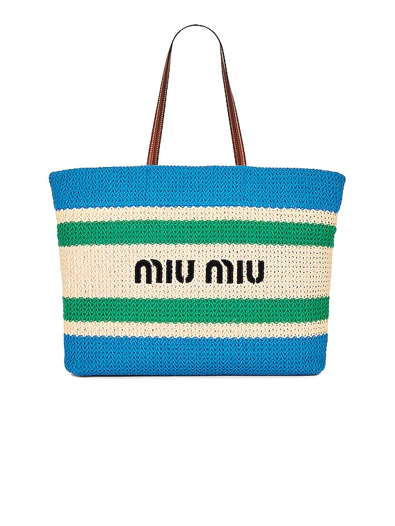 Miu Miu Large Logo Tote Bag in Natural & Azzurro