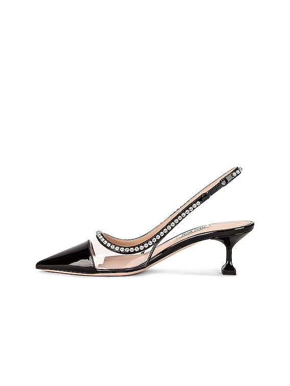 関税・送料込 MIU MIU Plexi & leather ミュール Embellished leather slingback pumps in white - Miu Miu