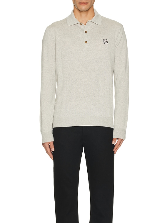 Maison Kitsune Bold Fox Head Patch Polo Jumper in Light Grey Maison Kitsune Bold Fox Head Patch Polo Jumper in Light Grey