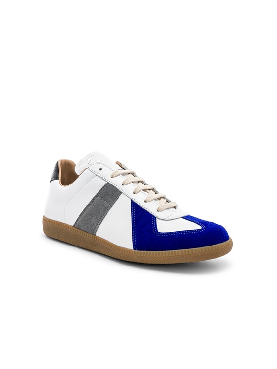 Maison Margiela Leather Replica Low Tops in White & Blue | FWRD