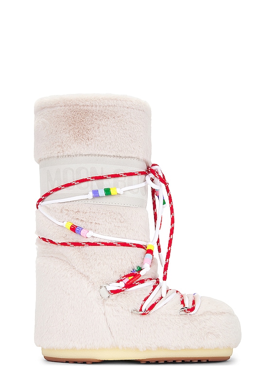 MOON BOOT Icon Faux Fur Bead Boots in Cream | FWRD