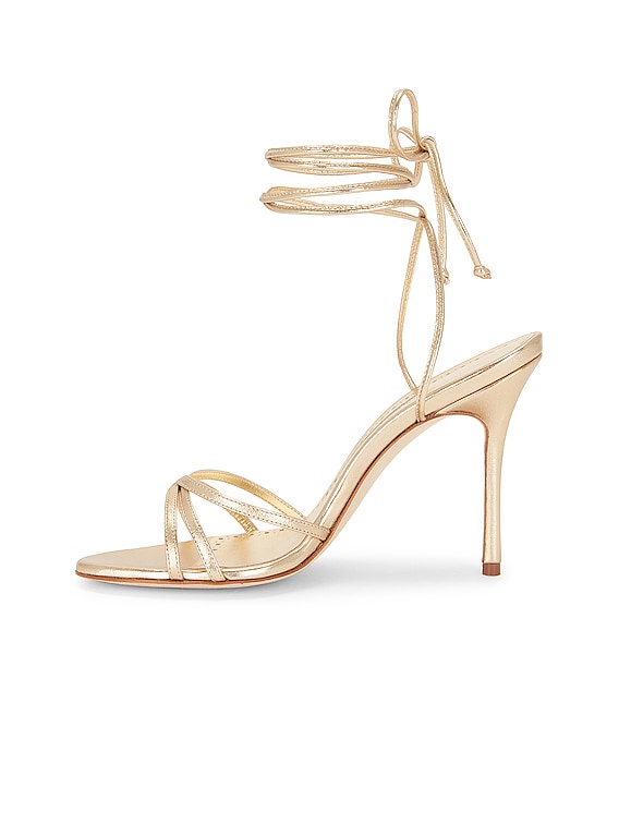 Manolo Blahnik Leather Leva 105 Sandal in Gold | FWRD