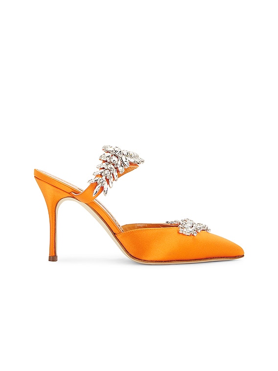 Manolo Blahnik Manolo Blahnik Satin Lurum 90 Mule in Orange | FWRD
