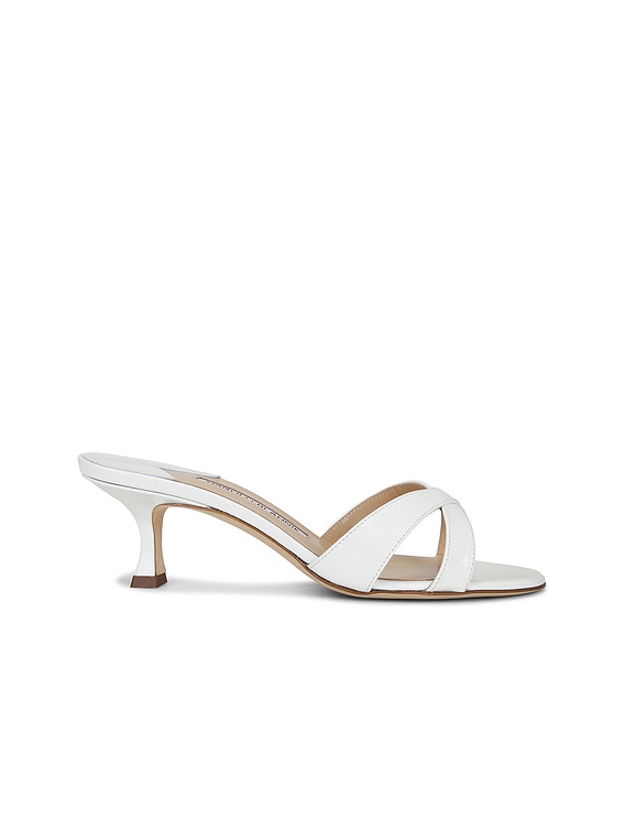 Manolo Blahnik Callamu 50 Patent Mule in White | FWRD