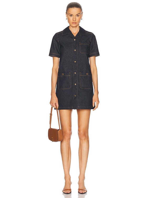 Moncler Button Up Mini Dress in Blue Navy Denim | FWRD