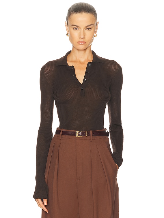 Moncler Long Sleeve Polo Top in Deep Brown | FWRD Moncler Long Sleeve Polo Top in Deep Brown | FWRD
