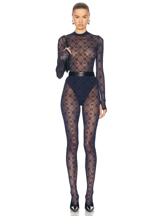 Marine Serre Moonogram Mesh Flock Tights in Navy | FWRD