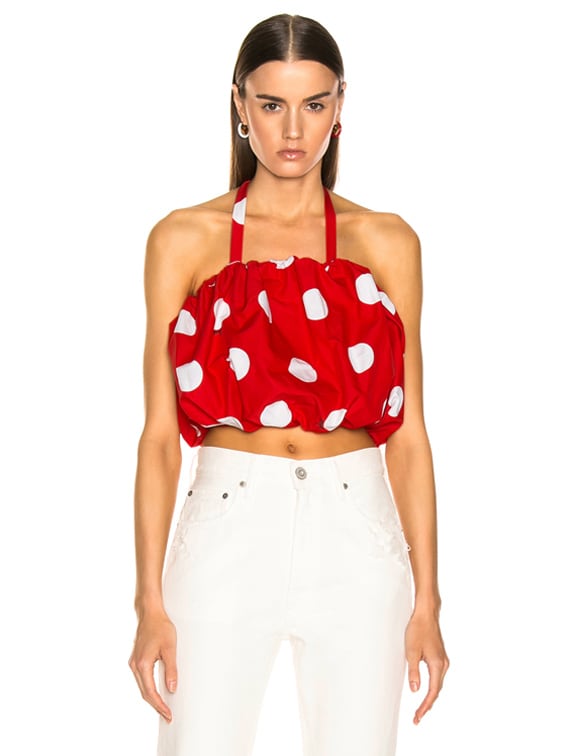 red and white polka dot top