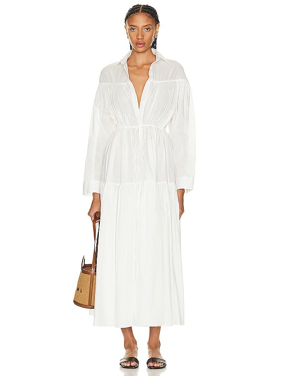 Matteau Embroidered Tiered Drawcord Dress in White | FWRD