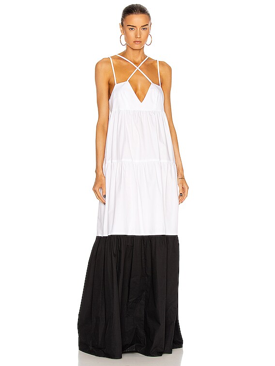 MATTHEW BRUCH Cross Strap Poplin Maxi Dress in White & Black | FWRD