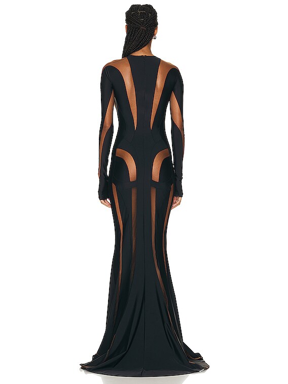Mugler Spiral Illusion Long Dress in Black Nude 02 | FWRD