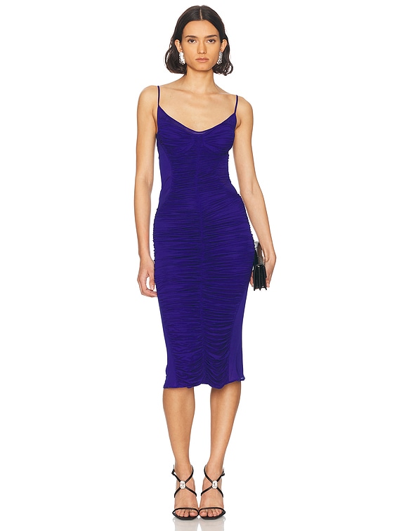 Mugler Ruched Midi Dress in Ultra Blue | FWRD Mugler Ruched Midi Dress in Ultra Blue | FWRD