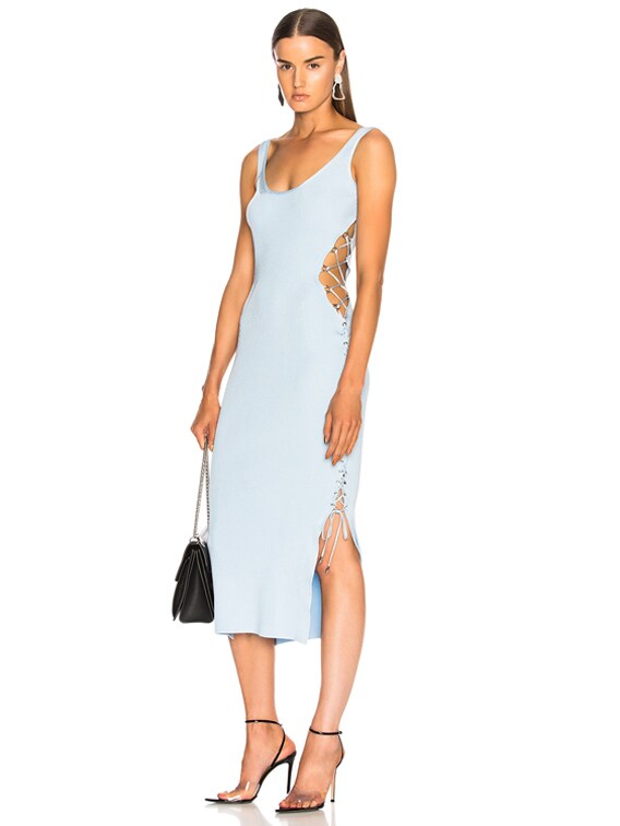 Mugler Side Lace Up Midi Dress in Mystic | FWRD Mugler Side Lace Up Midi Dress in Mystic | FWRD