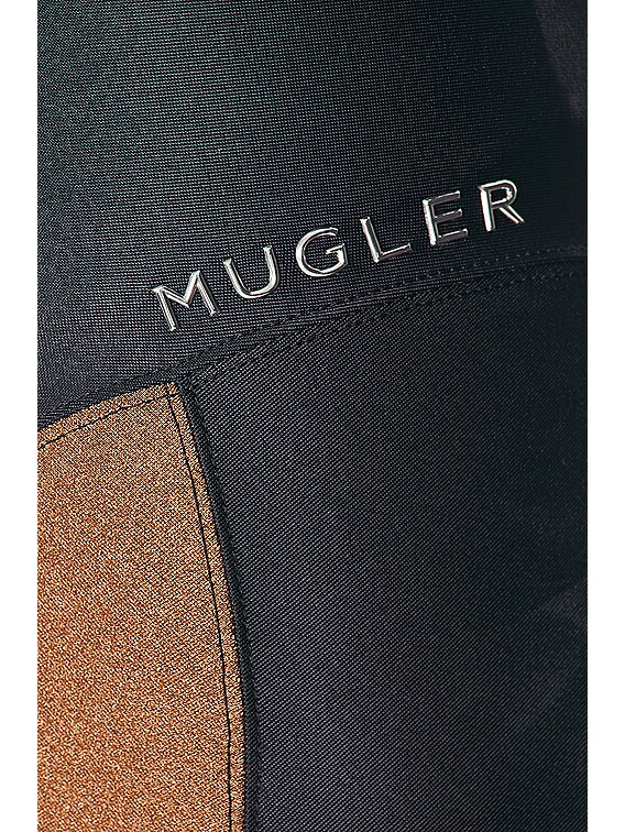 【関税込み】Mugler ブラウン＆ブラック Shiny Lycra レギンス Mugler Shiny Lycra Legging in Cinnamon & Black | FWRD