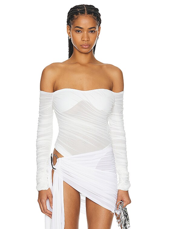 Mugler Mesh Bodysuit in Warm White | FWRD
