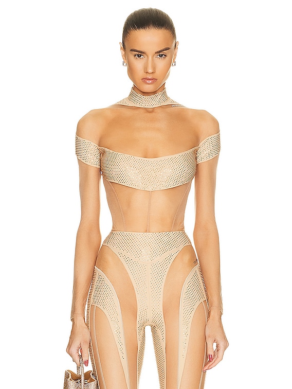 Mugler Sheer Crystal Bodysuit in Beige | FWRD