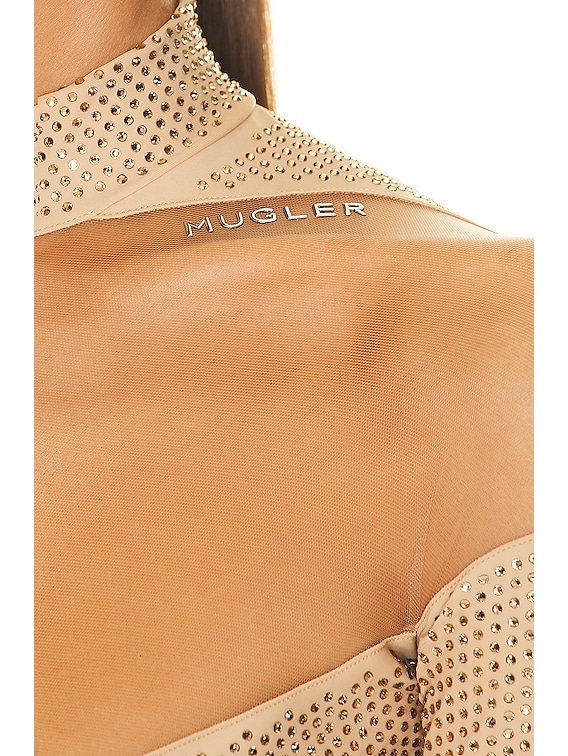 Mugler Sheer Crystal Bodysuit in Beige | FWRD