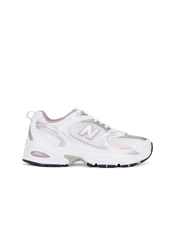 New Balance 530 Sneaker in White, Silver Metallic, & Mid Century