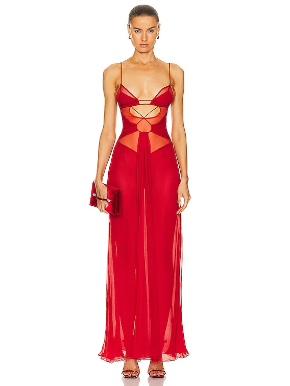 ワンピース NENSI DOJAKA Women Dresses NDAW23DR168 RED Keyhole Ruffled Mini Dress (DR168-RED)