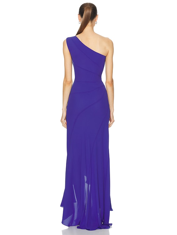 【mnem】Renee Velvet One piece Navy Blue Velvet Maxi Dress - Lace-Up Dress - One Shoulder