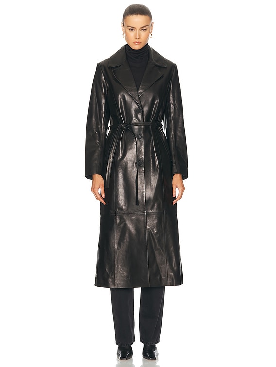 NOUR HAMMOUR Tamara Belted Leather Trench Coat in Black | FWRD