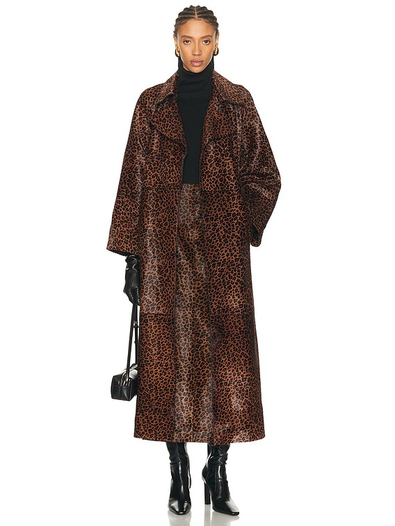 NOUR HAMMOUR Althea Pony Hair Trench Coat in Deep Leopard | FWRD