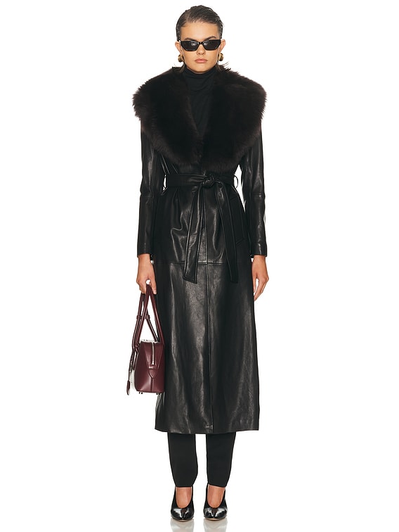 NOUR HAMMOUR Dakota Glamorous Leather Coat in Black Espresso | FWRD