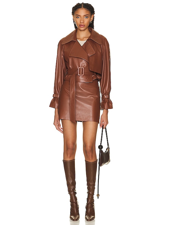 NOUR HAMMOUR Hatti Cropped Leather Trench Jacket in Earth | FWRD