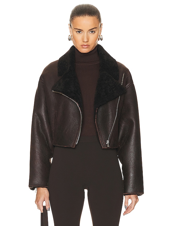 NOUR HAMMOUR Colorado Cropped Shearling Bombardier Jacket in Dark Chocolate