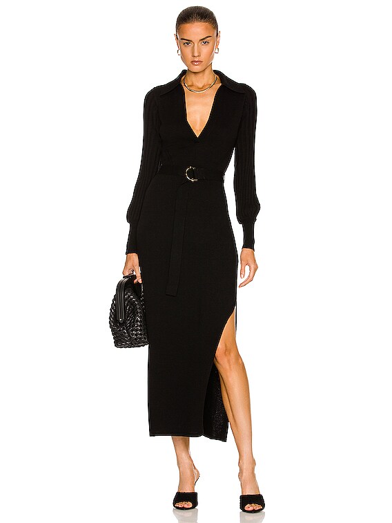 NICHOLAS Adeline Knit V Neck Long Sleeve Midi Dress in Black | FWRD