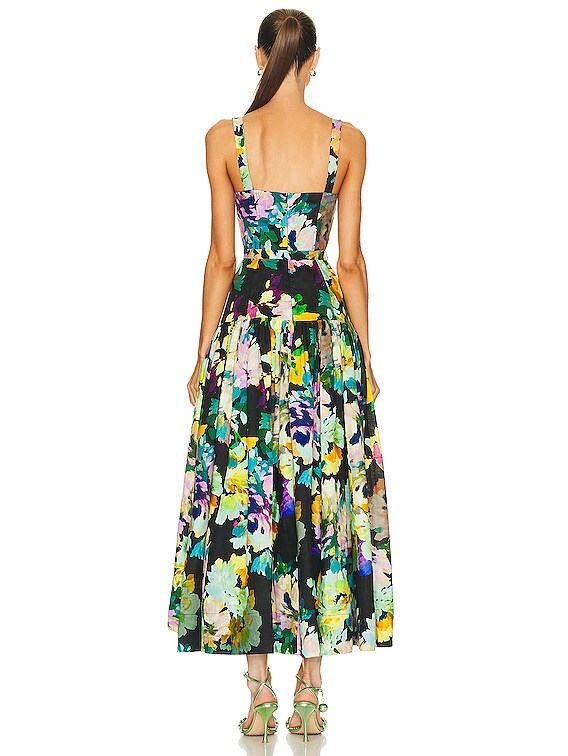 NICHOLAS Drenica Drop Waist Corset Midi Dress in Martos Print Black | FWRD