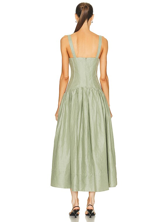 NICHOLAS Makenna Drop Waist Corset Midi Dress in Sage | FWRD