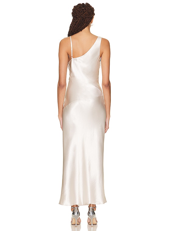 NICHOLAS Shirly Draped Asymmetrical Midi Dress in Oyster | FWRD NICHOLAS Shirly Draped Asymmetrical Midi Dress in Oyster | FWRD