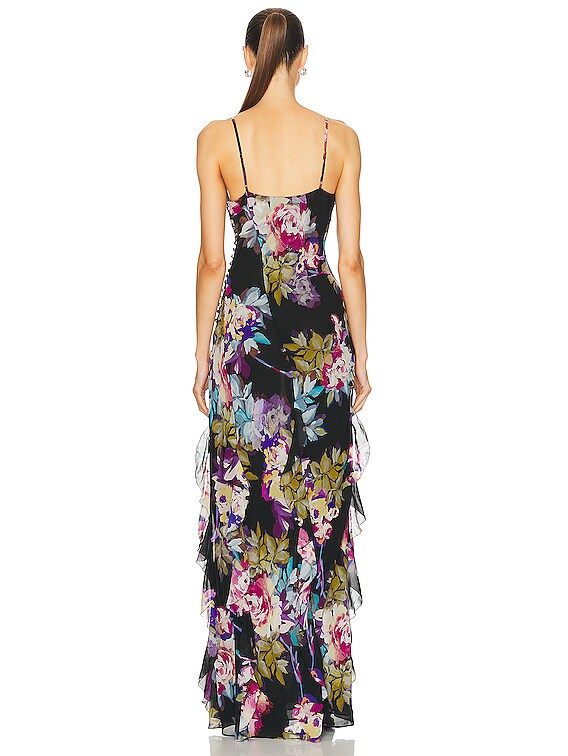NICHOLAS Kamila Ruffle Cowl Gown in Antique Floral Black | FWRD