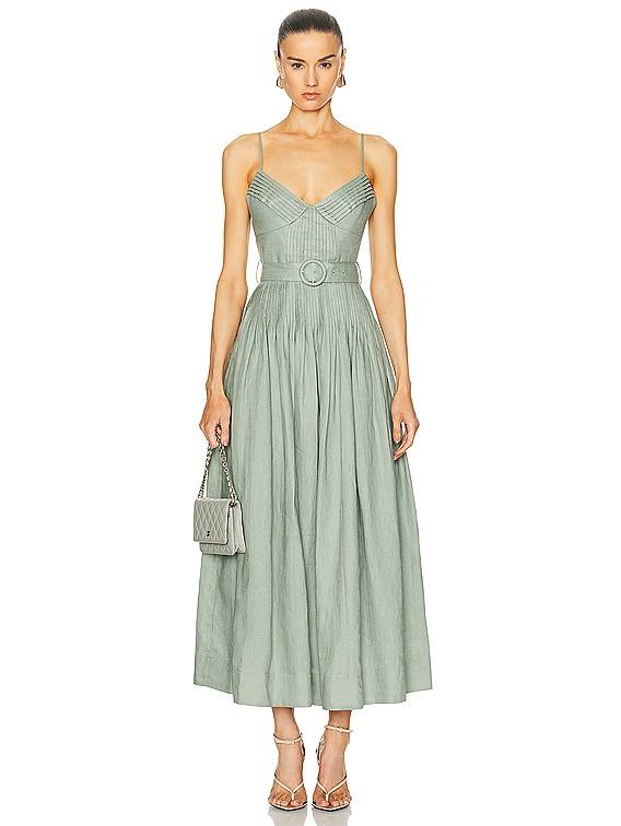 NICHOLAS Mireille Belted Pintuck Midi Dress in Pistachio | FWRD