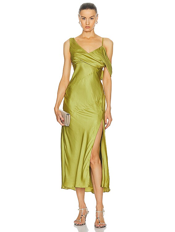 NICHOLAS Finley Asymmetrical Draped Midi Dress in Moss | FWRD