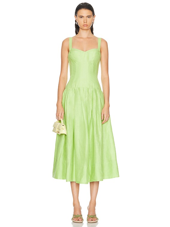 NICHOLAS Makenna Drop Waist Corset Midi Dress in Lime | FWRD
