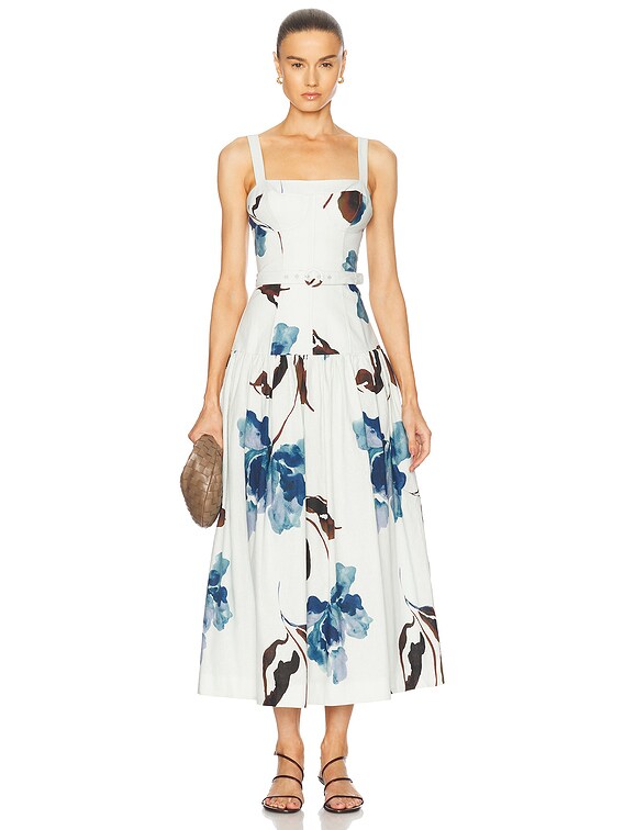 NICHOLAS Lidia Bustier Drop Waist Dress in Alena Blue Floral | FWRD NICHOLAS Lidia Bustier Drop Waist Dress in Alena Blue Floral | FWRD