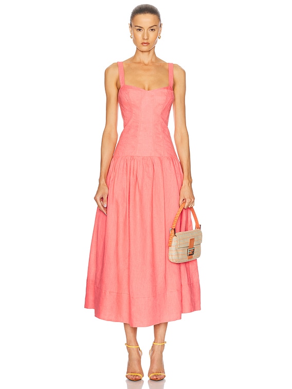 NICHOLAS Makenna Drop Waist Corset Midi Dress in Coral - Size 2