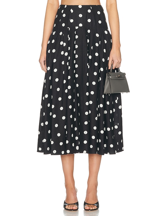 NICHOLAS Yasmin Drop Waist Midi Skirt in Black & White Polka Dot