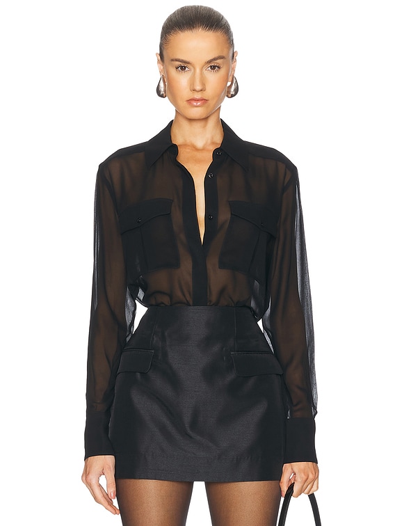 NICHOLAS Chloe Sheer Double Pocket Long Sleeve Shirt in Black | FWRD