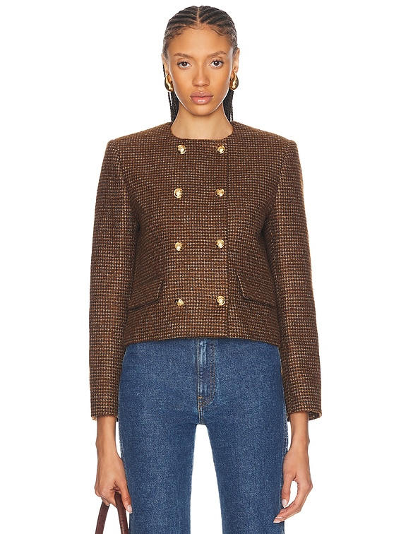 かたなぎ ラニール パリレザー×ニット切替ジャケット L ダークブラウン NILI LOTAN Melanie Cropped Jacket in Saddle Check | FWRD