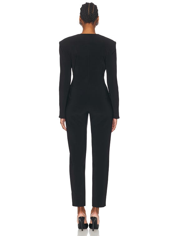 Long Sleeve Shoulder Pad V Neck Zip Front Tapered Leg Jumpsuit