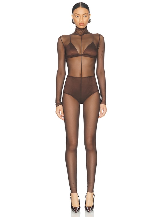 Norma Kamali Long Sleeve Slim Fit Turtleneck Catsuit in Espresso