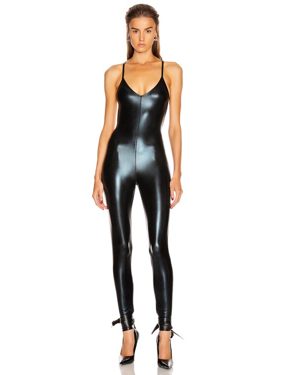Norma Kamali Low Back Fara Slip Catsuit in Black Foil | FWRD